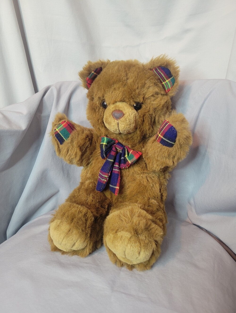 Vintage Brown Teddy Bear with Plaid Bow and Patches